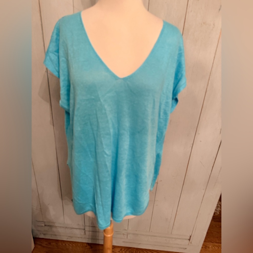 Lilly Pulitzer Women’s Linen Top Blouse Sweater Aqua Blue Cap Sleeve. Sz-SM/Med